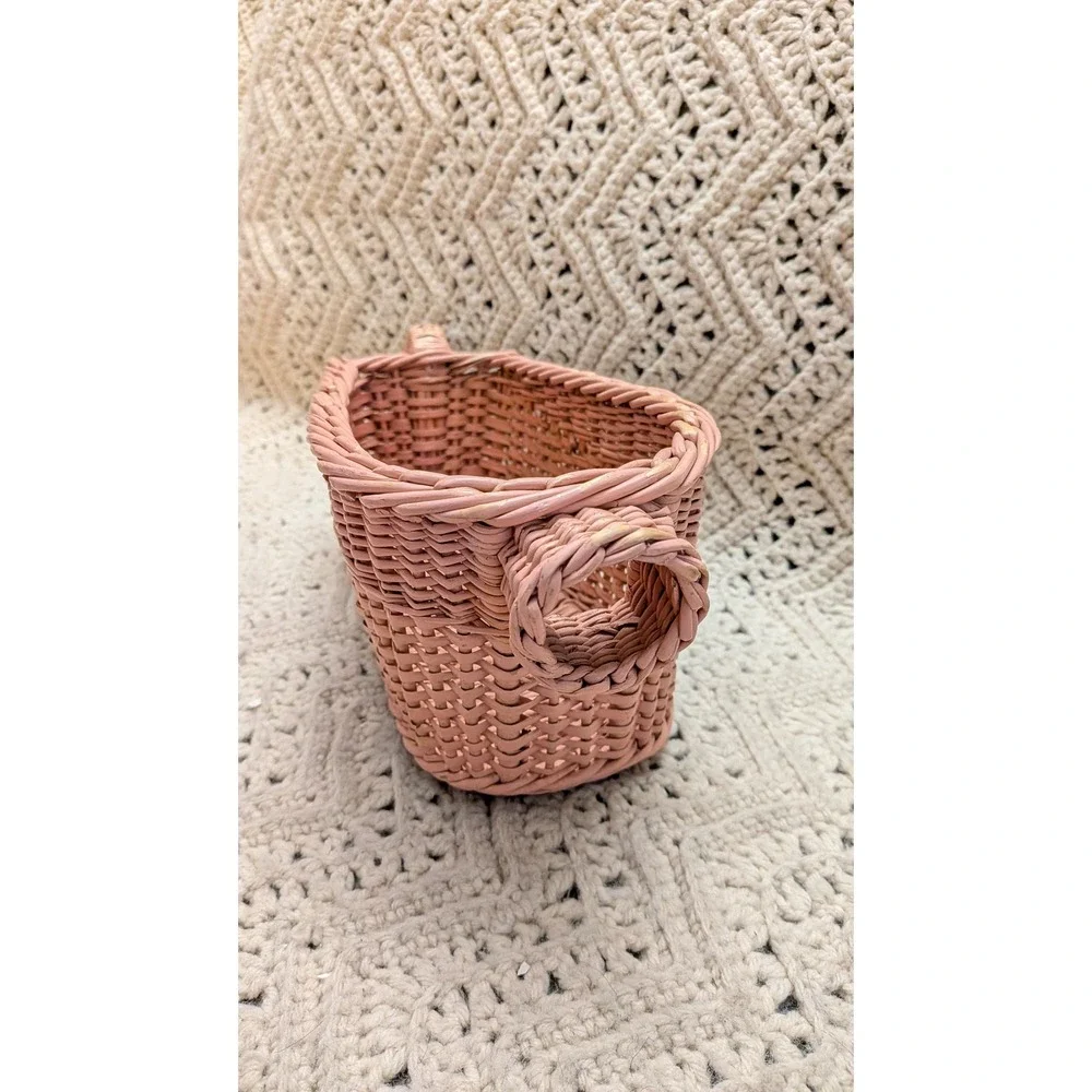 Vintage Pink Wicker Yarn Basket Scoop Shape Woven Storage with Handle